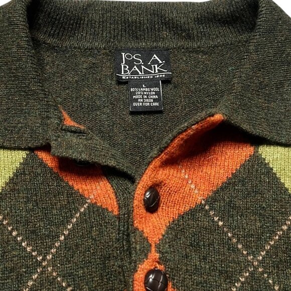 Jos. A Bank Sweater Mens Size L Green Orange Argyle Pullover Wool Blend Grandpa - Picture 2 of 3